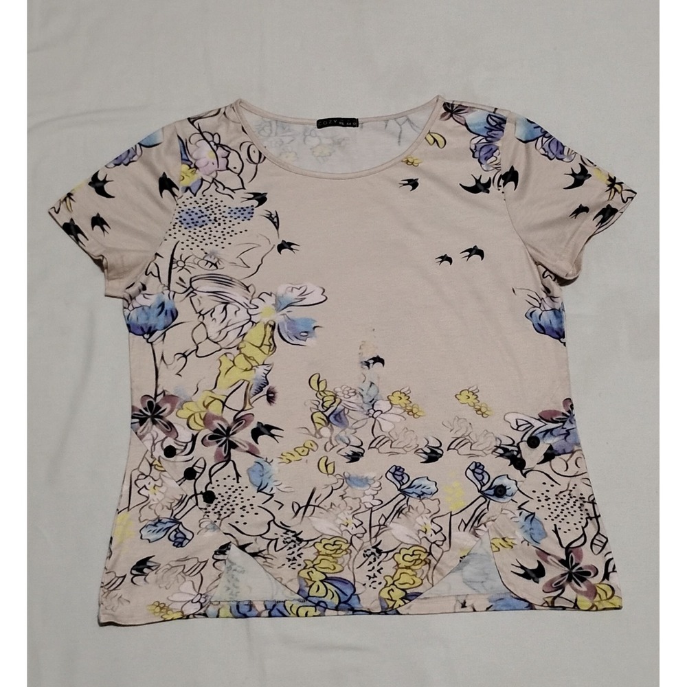 C.O.Z.Y. Floral Top Size XXL Decorative Side Button Crewneck Soft Blouse